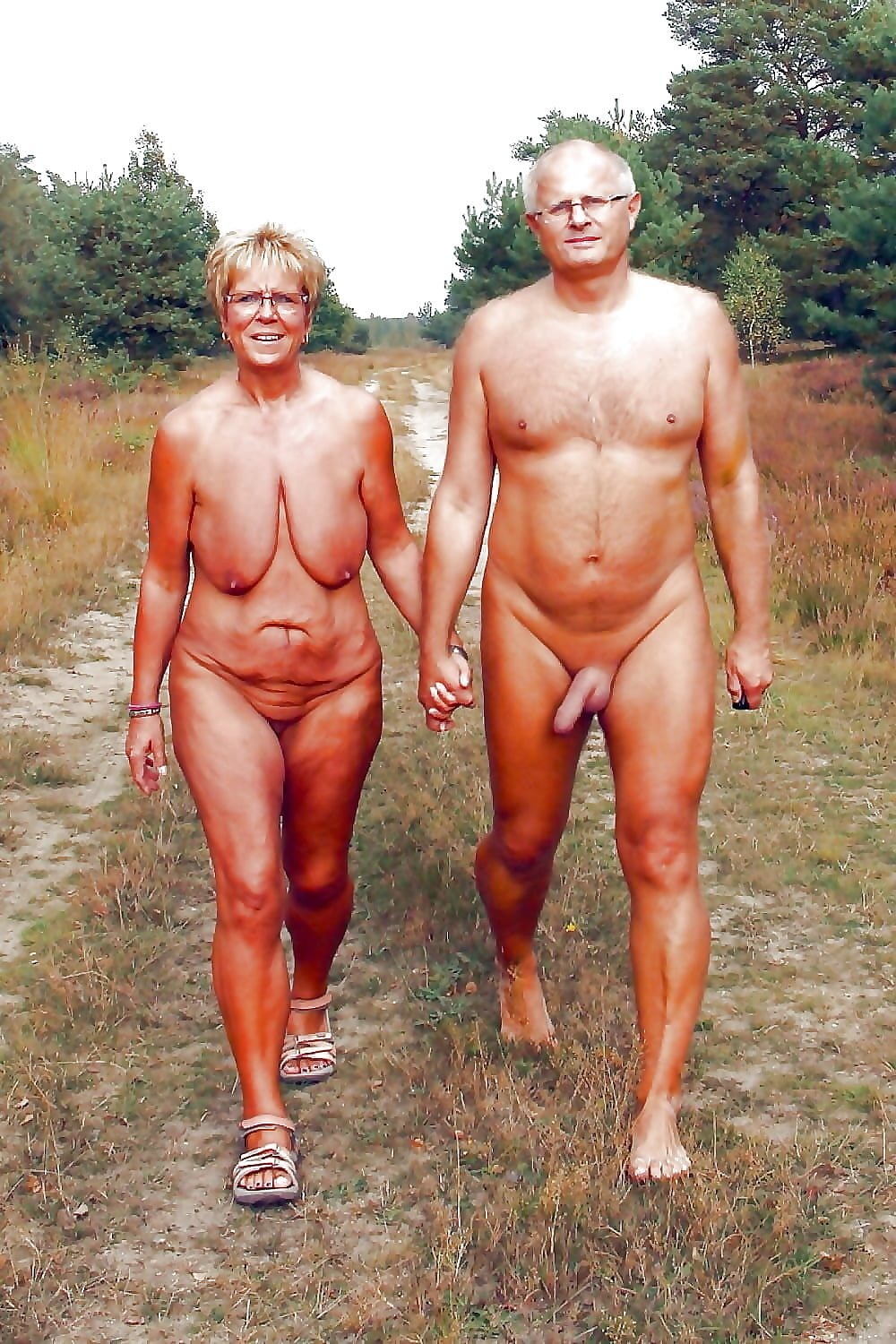 Elderly nudists in the country