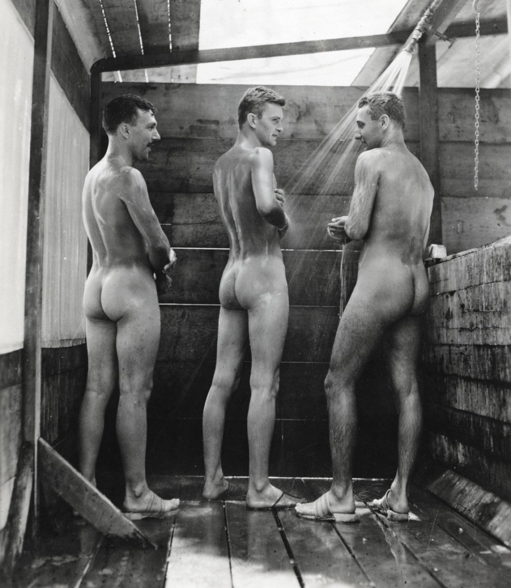 Naked guys in the retro bathhouse