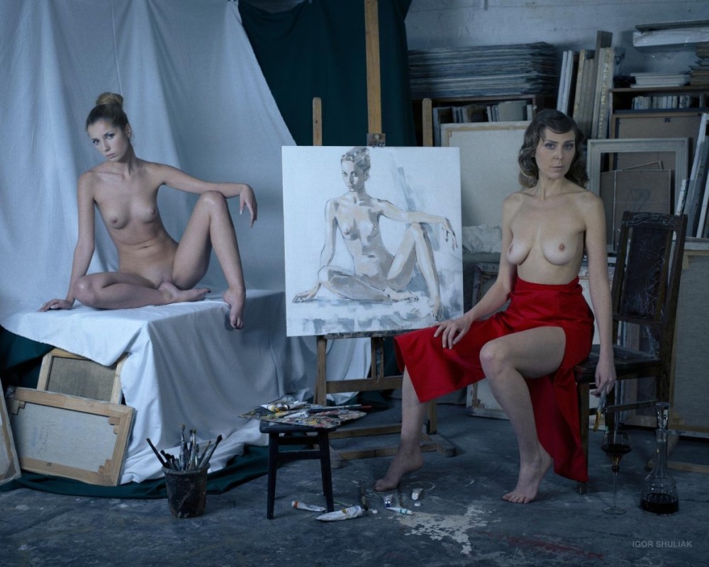 Naked model in uncomfortable poses
