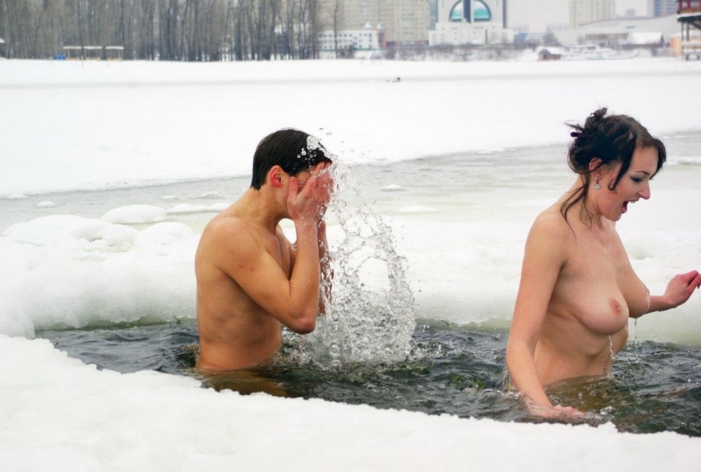 Naked chicks on winter fishing