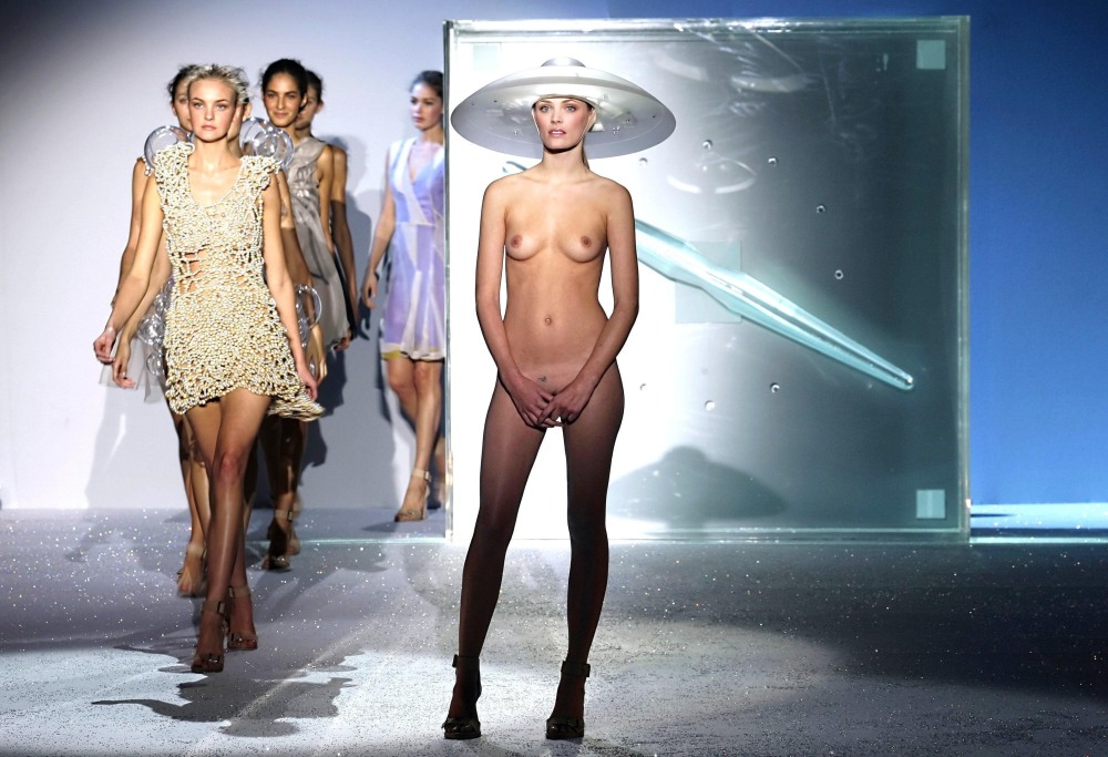 Naked fashion models on the catwalk