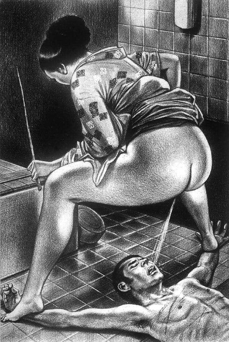 Madam sits in the mouth of a slave in the toilet