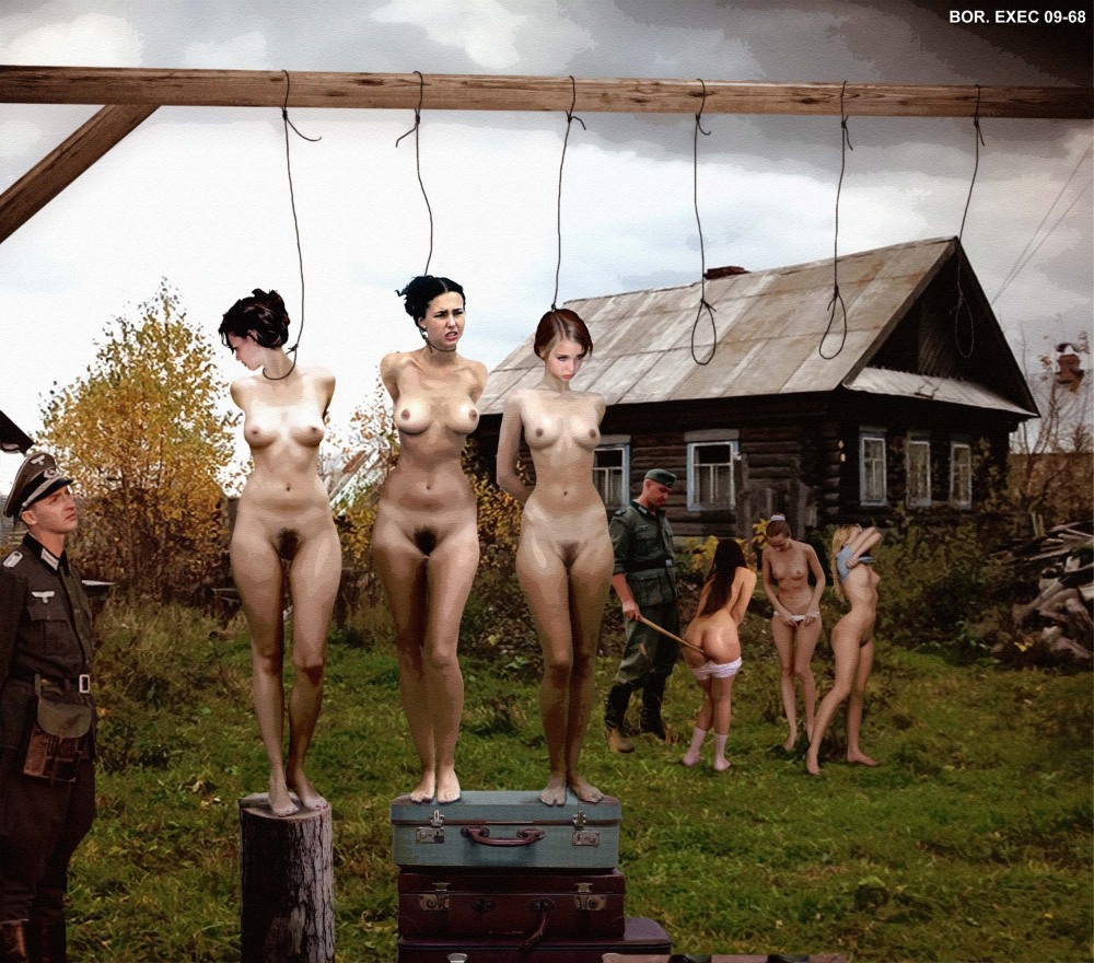 Naked women tied to a pillar