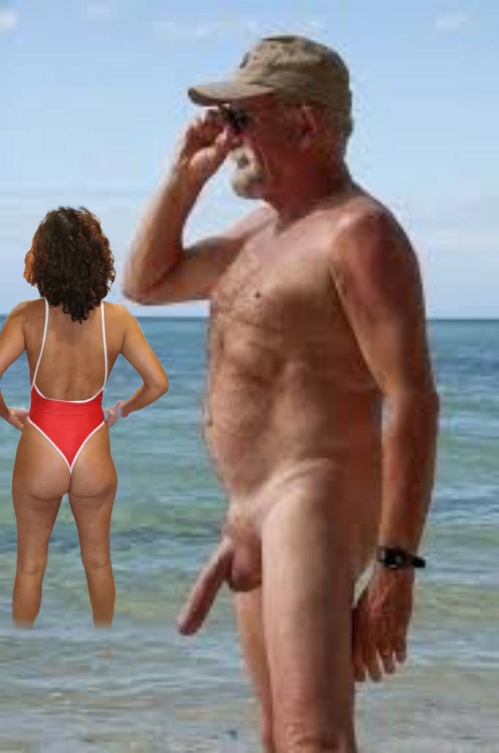 A man with a huge member on the beach